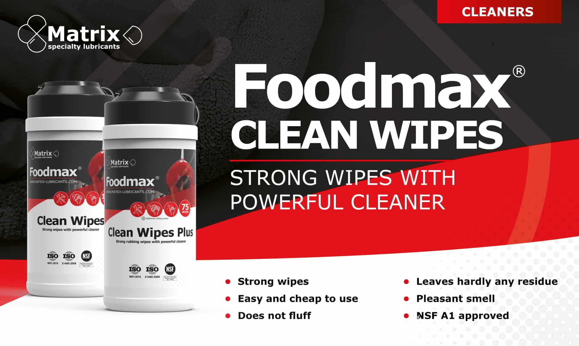 Matrix specialty lubricants' Foodmax Clean Wipes and Clean Wipes Plus containers