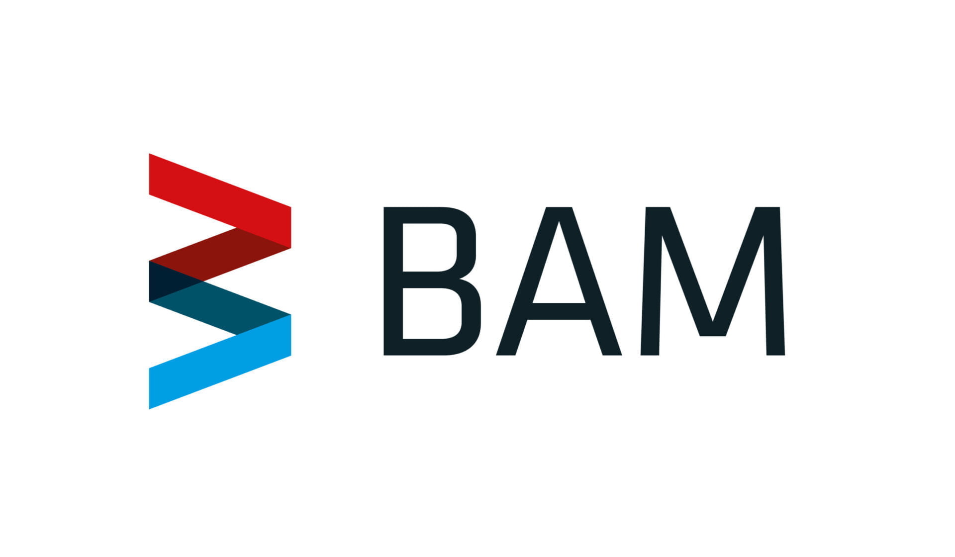 BAM logo with stylized red, black, and blue ribbon design
