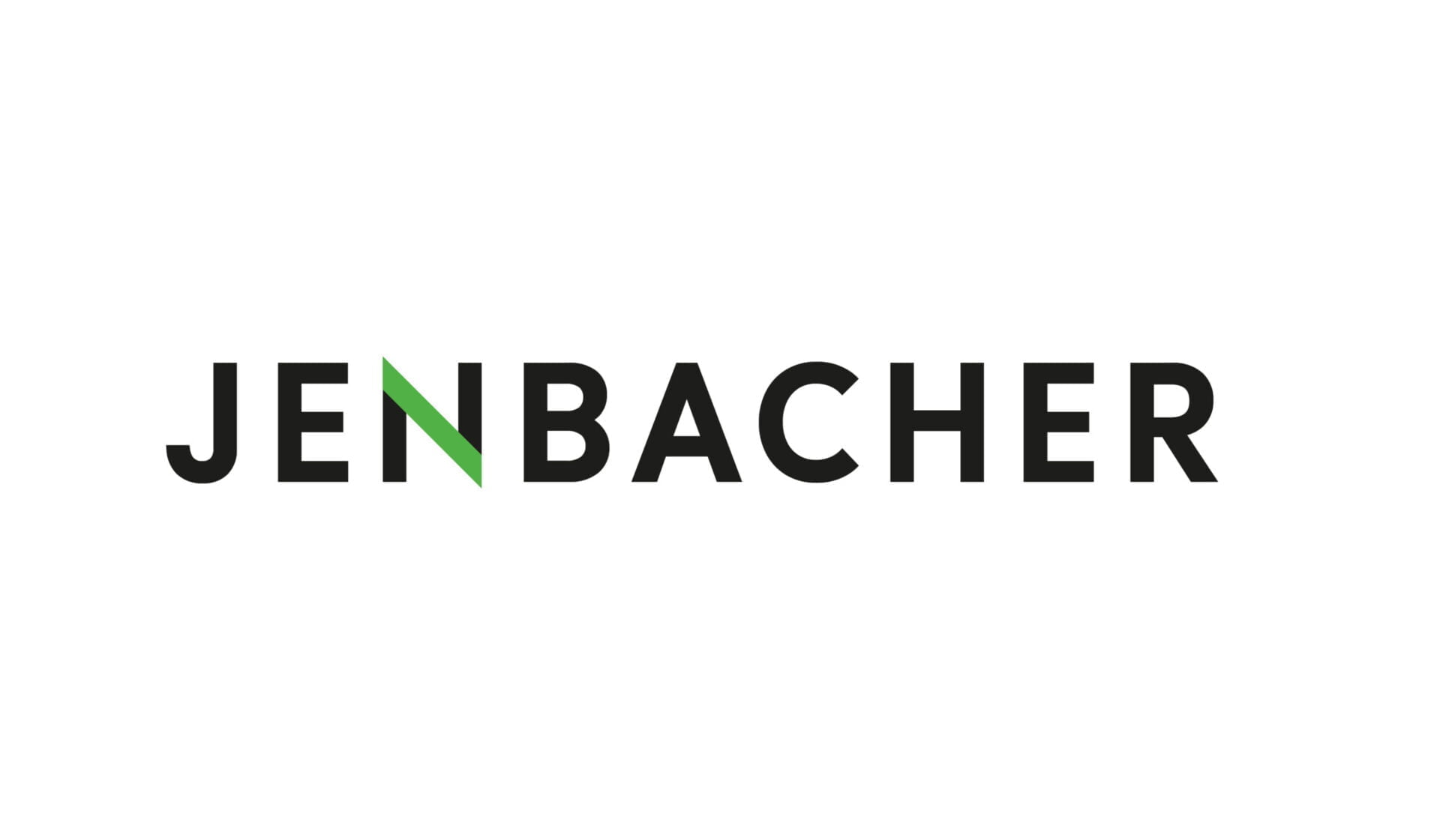 Jenbacher logo with black text and green diagonal stripe on the N